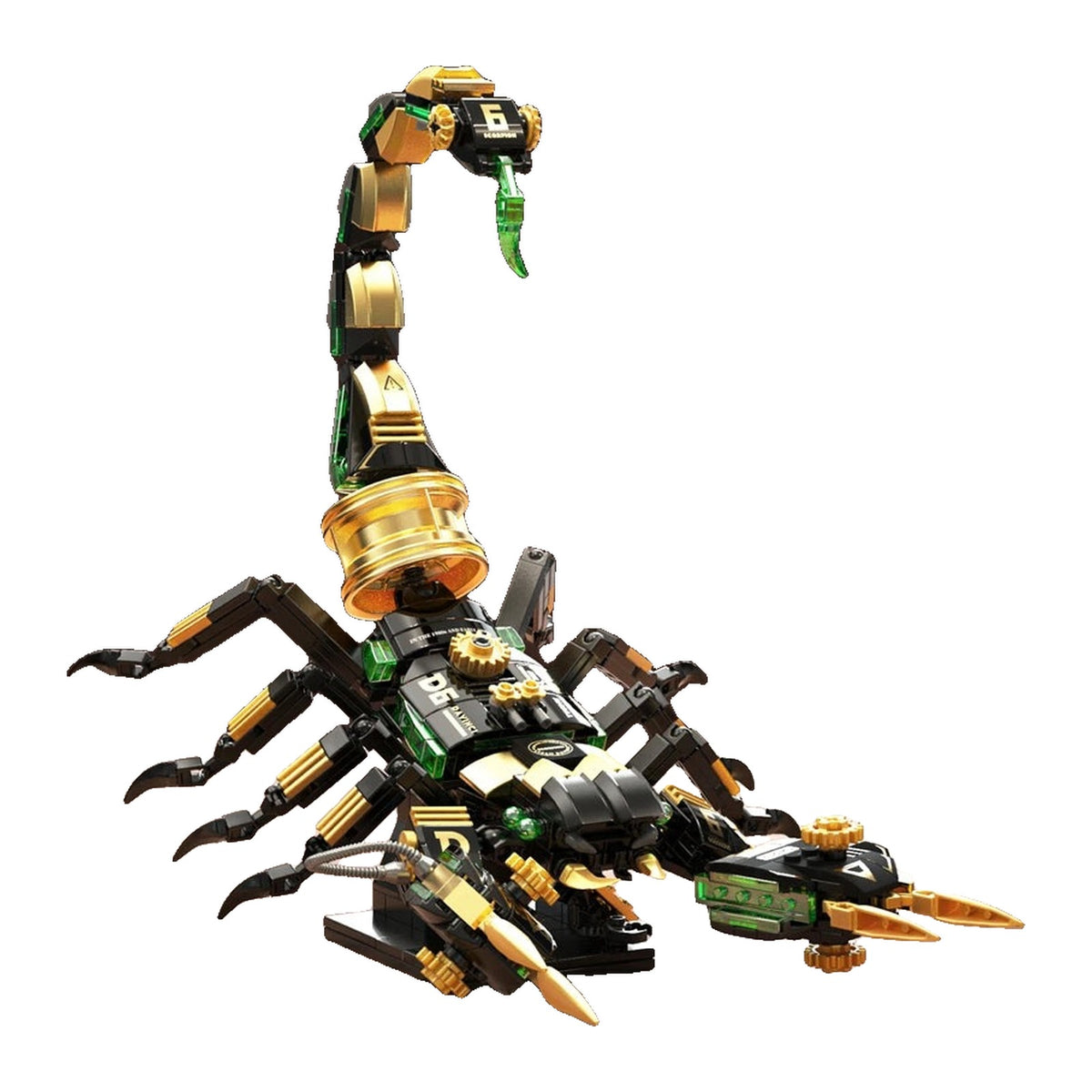 LEGO Scorpion noir aux plaques vert sombre, queue dressée à dard doré et pinces qui s'ouvrent