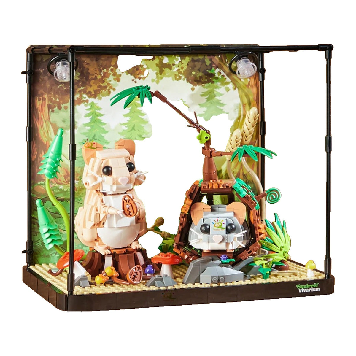 LEGO Hamster : deux rongeurs dans un vivarium, un beige assis sur un tronc, un gris dans une souche creuse