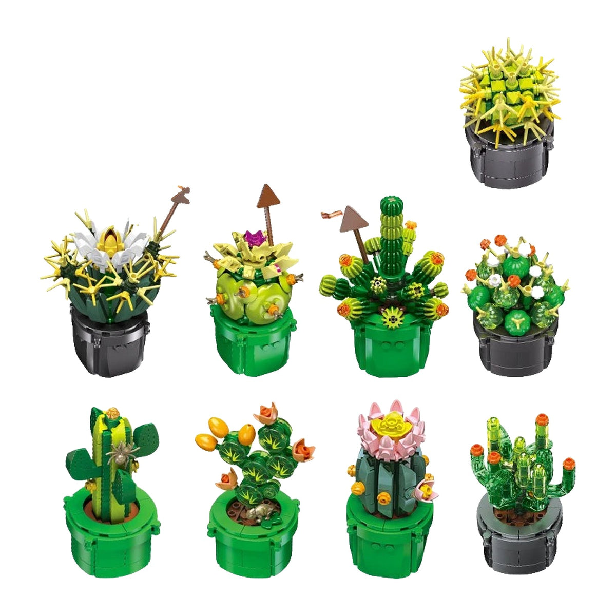 LEGO Cactus, neuf pots de cactus et succulentes, certains fleuris rose ou orange, terre et cailloux compris, 1 370 pièces