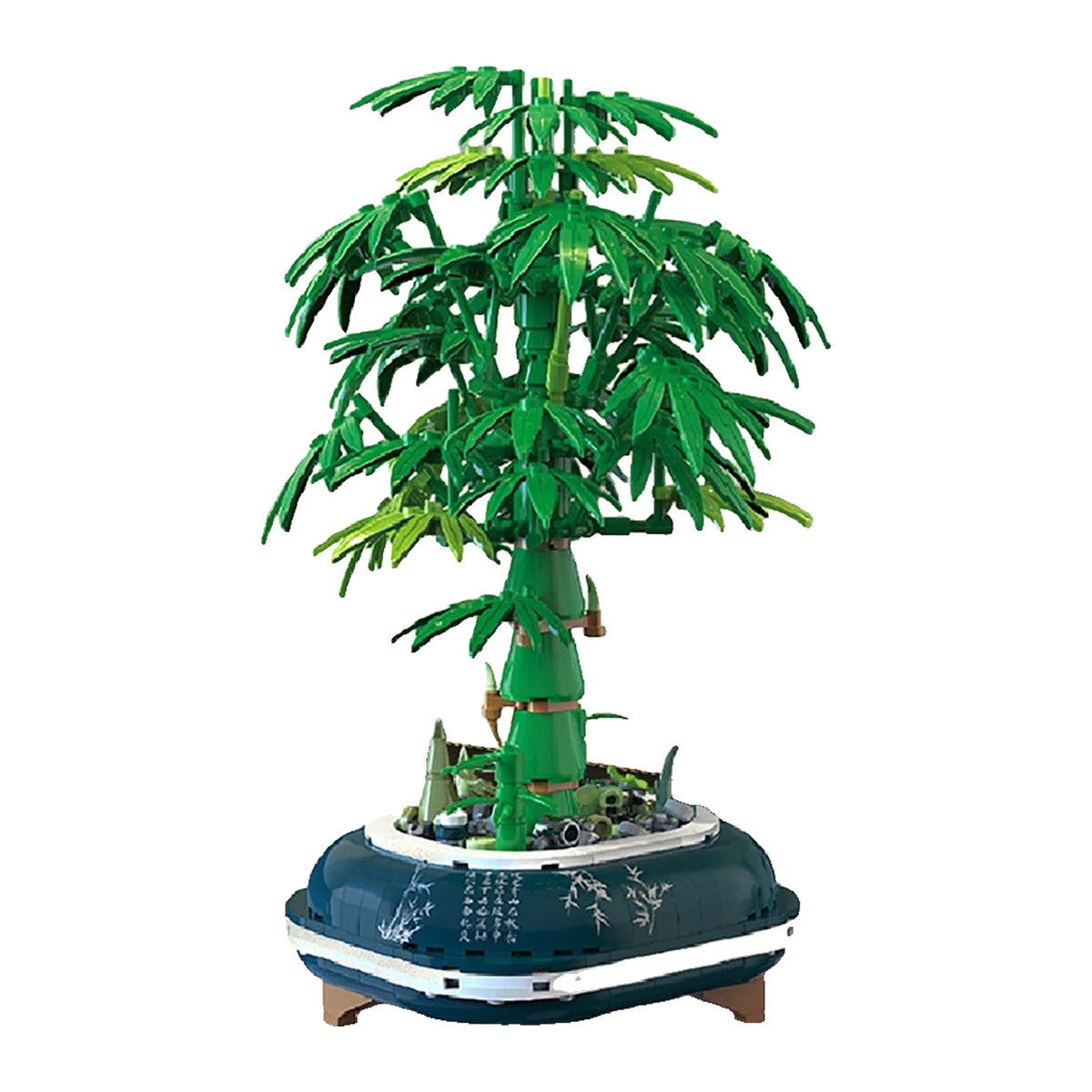 LEGO Bambou vert aux tiges segmentées et feuilles étagées, dans son bac bleu à liseré blanc garni de mousse et de pierres