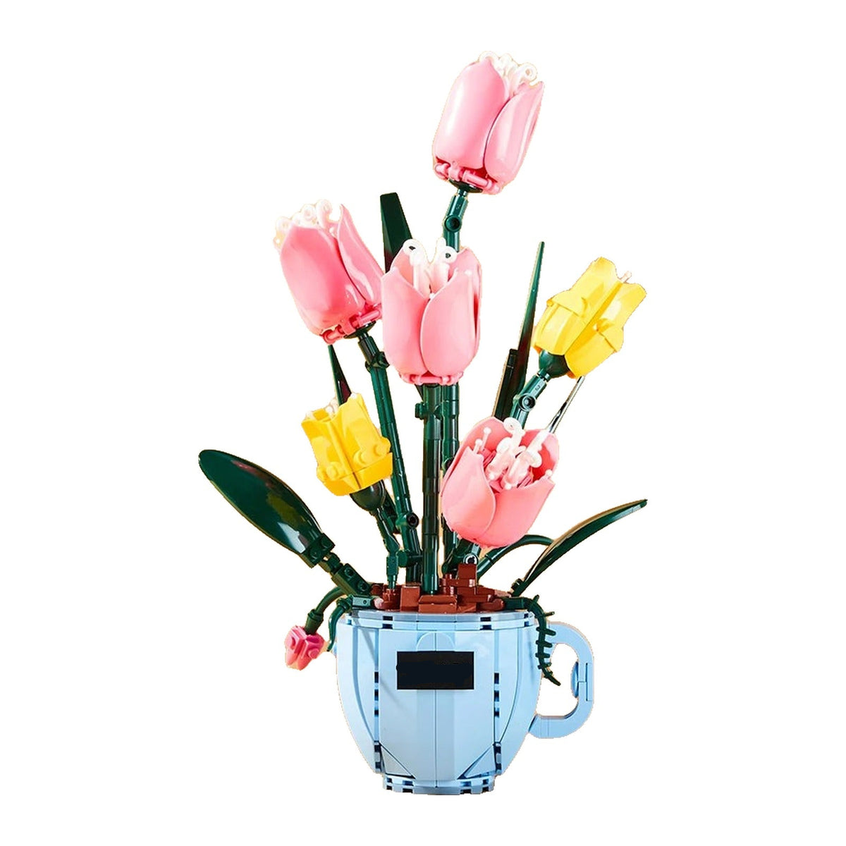 LEGO Tulipe roses et jaunes, corolles arrondies à peine ouvertes, dressées dans une grosse tasse bleue comprise