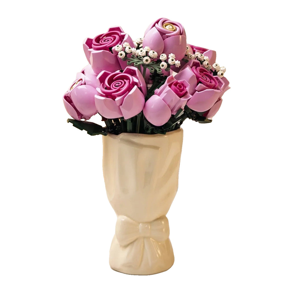 LEGO Rose en bouquet de longues tiges feuillues, corolles refermées pétale après pétale, vase non fourni