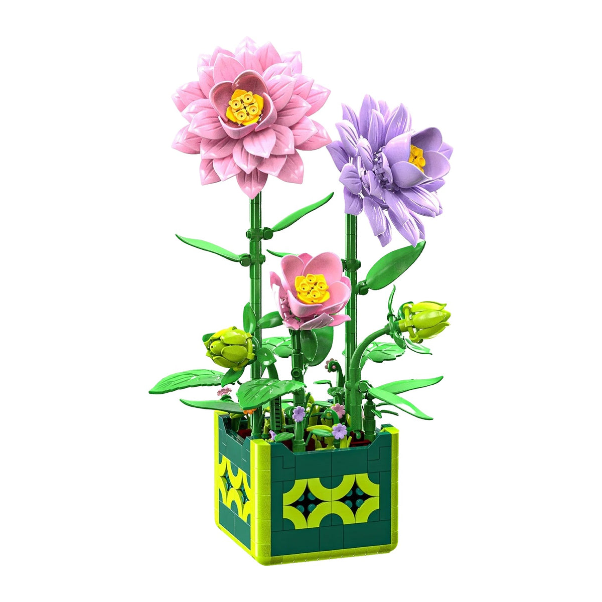 Dahlia LEGO à trois fleurs rose pâle, mauve et rose vif sorties d'un même pot, 581 pièces de pétales serrés en boule