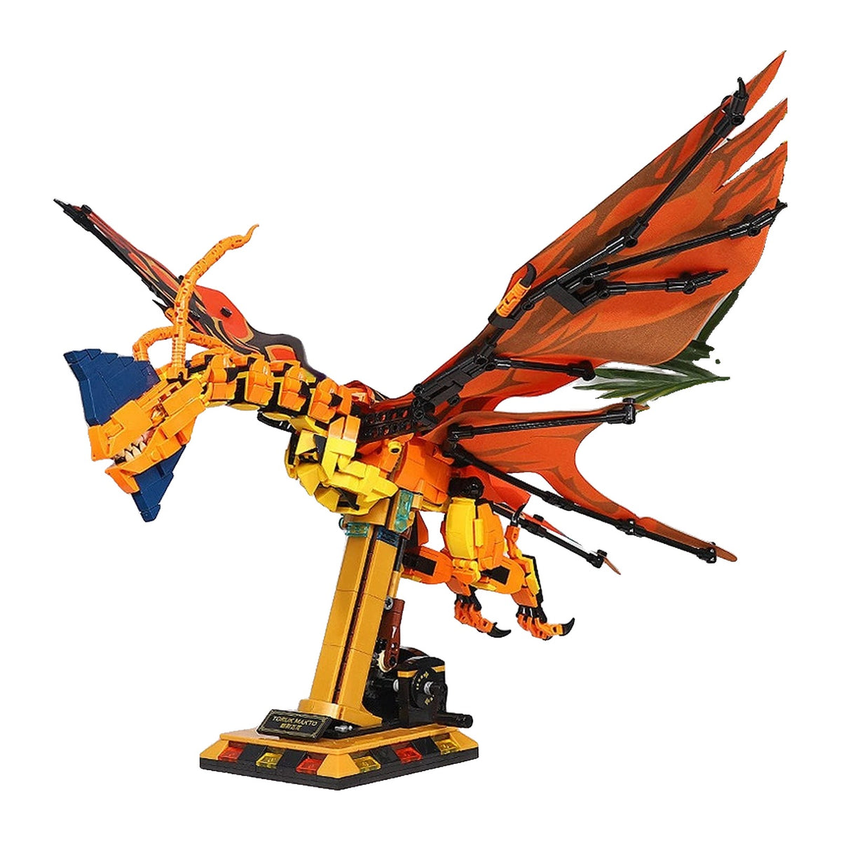 LEGO Dragon Toruk d'Avatar en plein vol, ailes ouvertes, membranes orange nervurées de noir