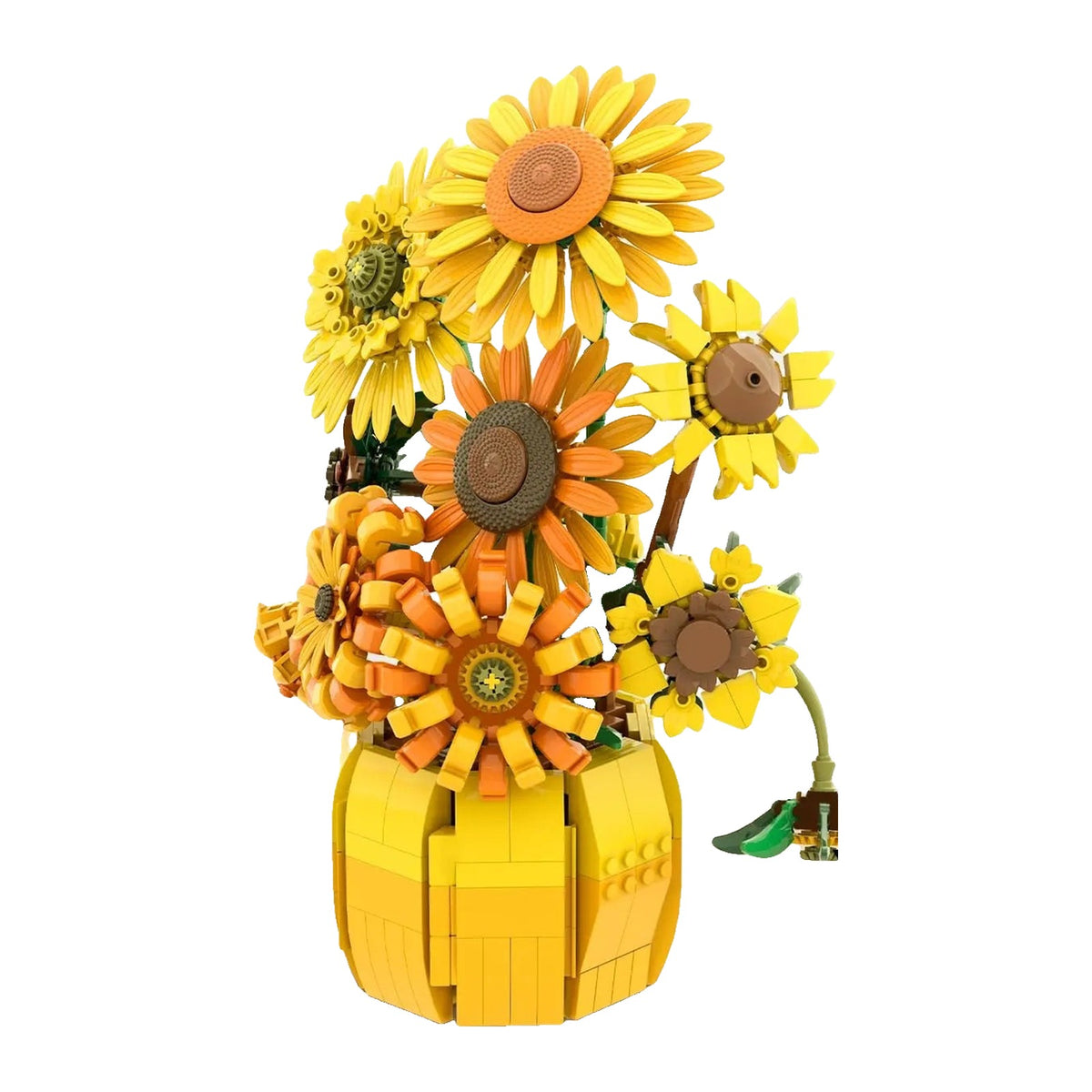 Bouquet de LEGO Tournesol jaunes à cœur sombre, dressés dans le vase qui vient avec le set