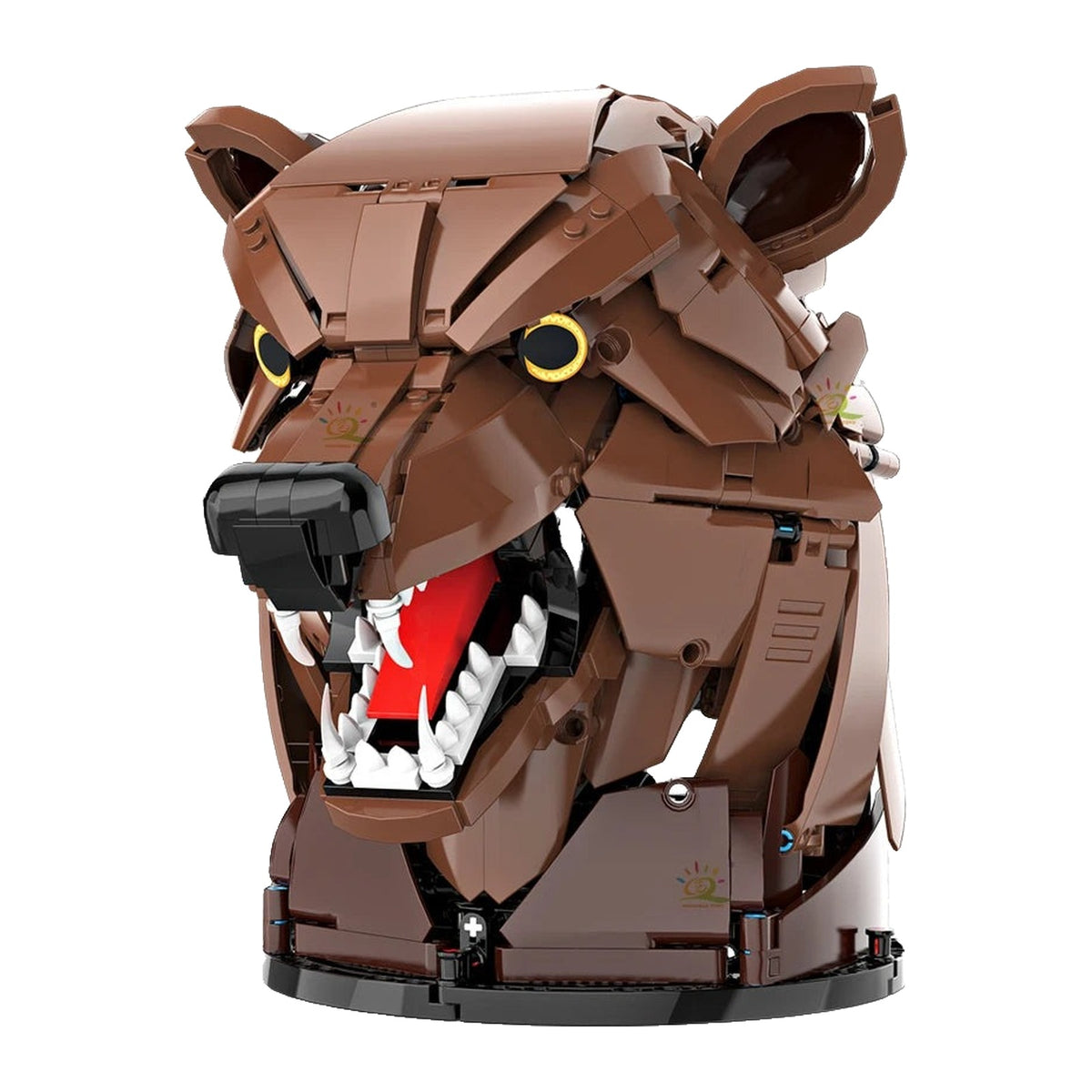 LEGO Ours monté en tête de trophée, gueule ouverte sur ses crocs, fixée à son socle noir