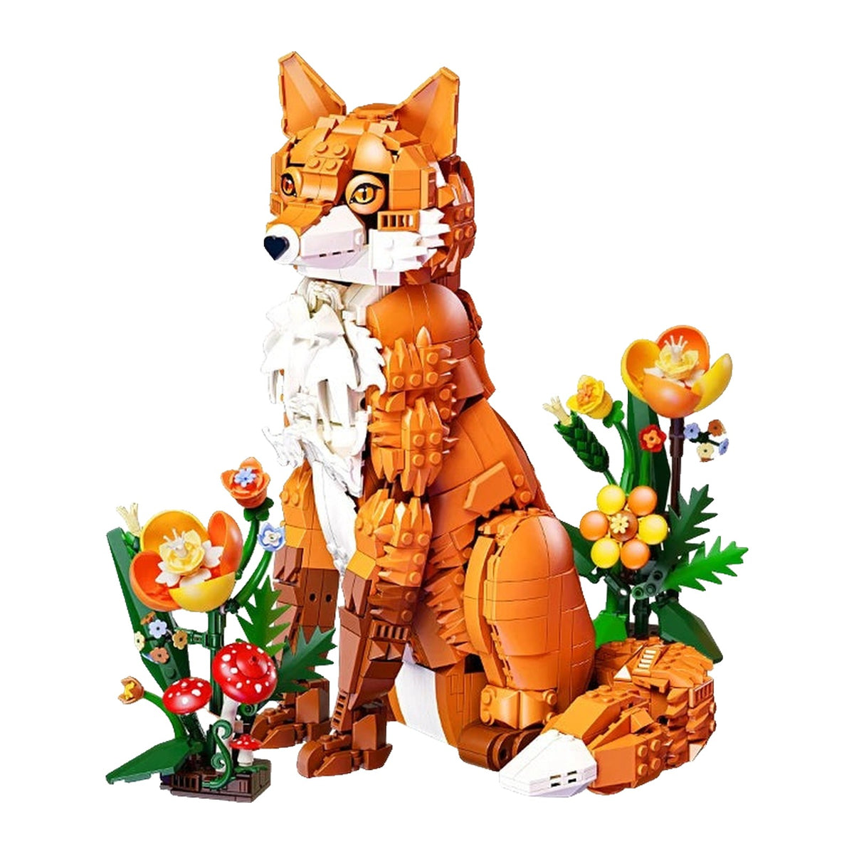 LEGO Renard assis au pelage roux et au museau blanc, avec un massif de fleurs orange monté à part