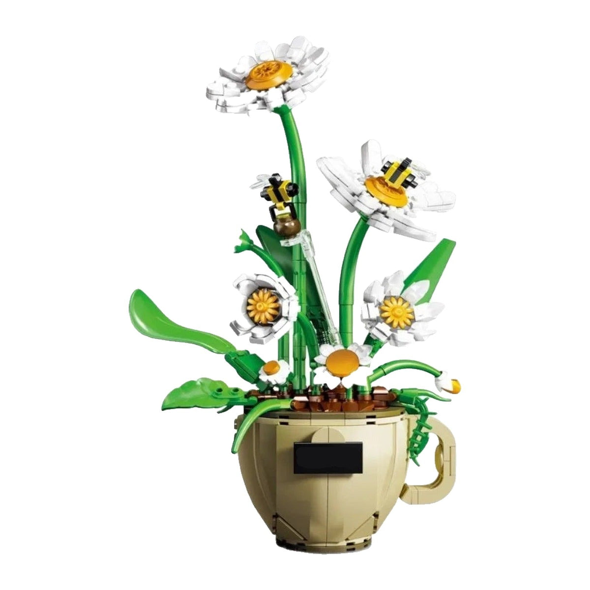 LEGO Marguerite aux fleurs blanches à cœur jaune sortant d'une tasse beige, deux abeilles comprises