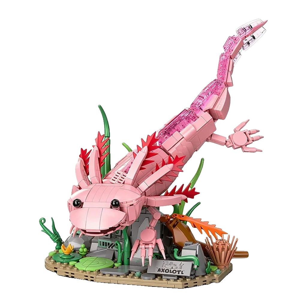 LEGO Axolotl remontant vers la surface, collerette rouge déployée au-dessus de son fond d'étang