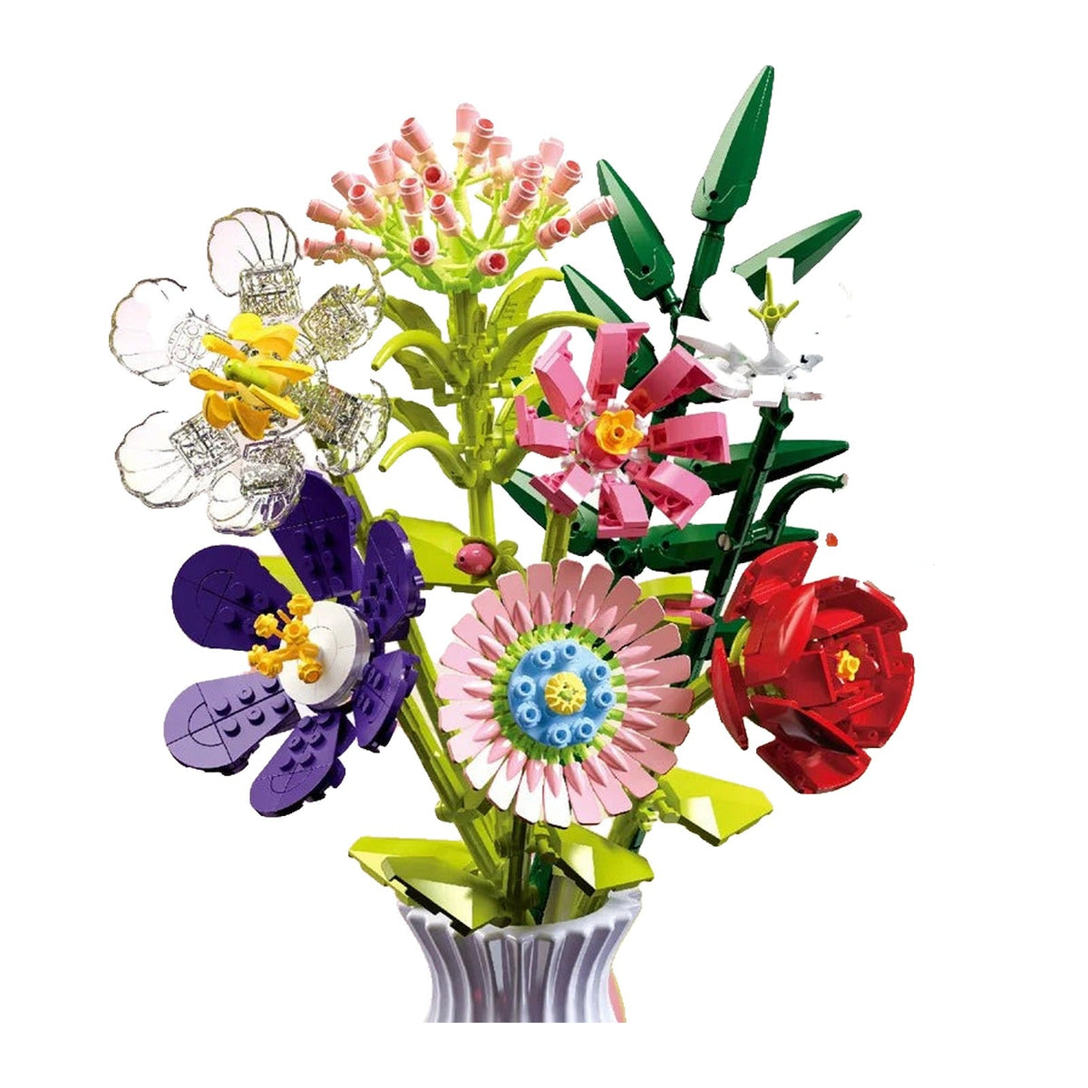 Bouquet LEGO mêlant branches de prunier et de pêcher à une orchidée, 730 pièces, vase de couleur aléatoire compris