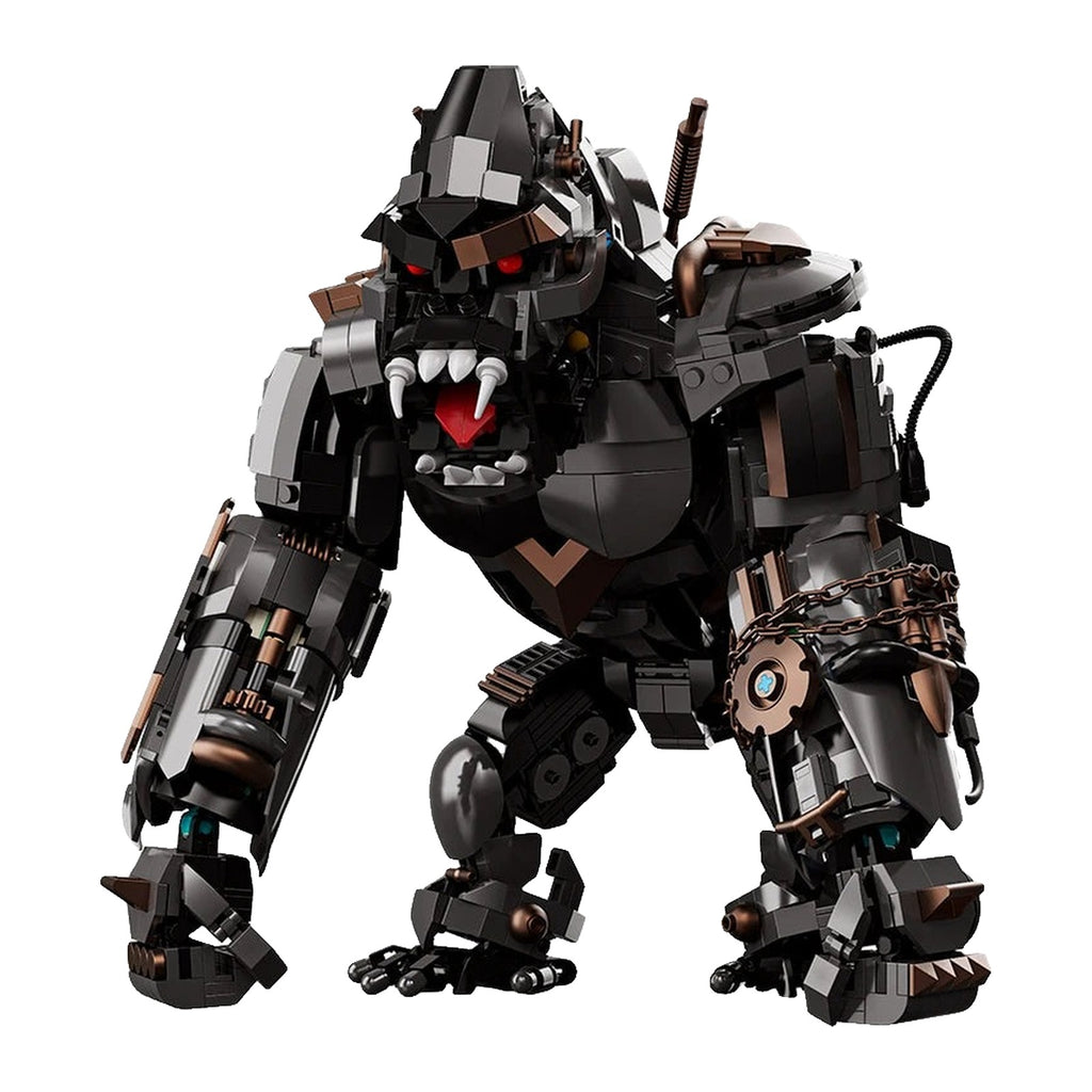 LEGO Gorille en armure noire, articulations cuivrées et yeux rouges, gueule ouverte sur quatre crocs blancs