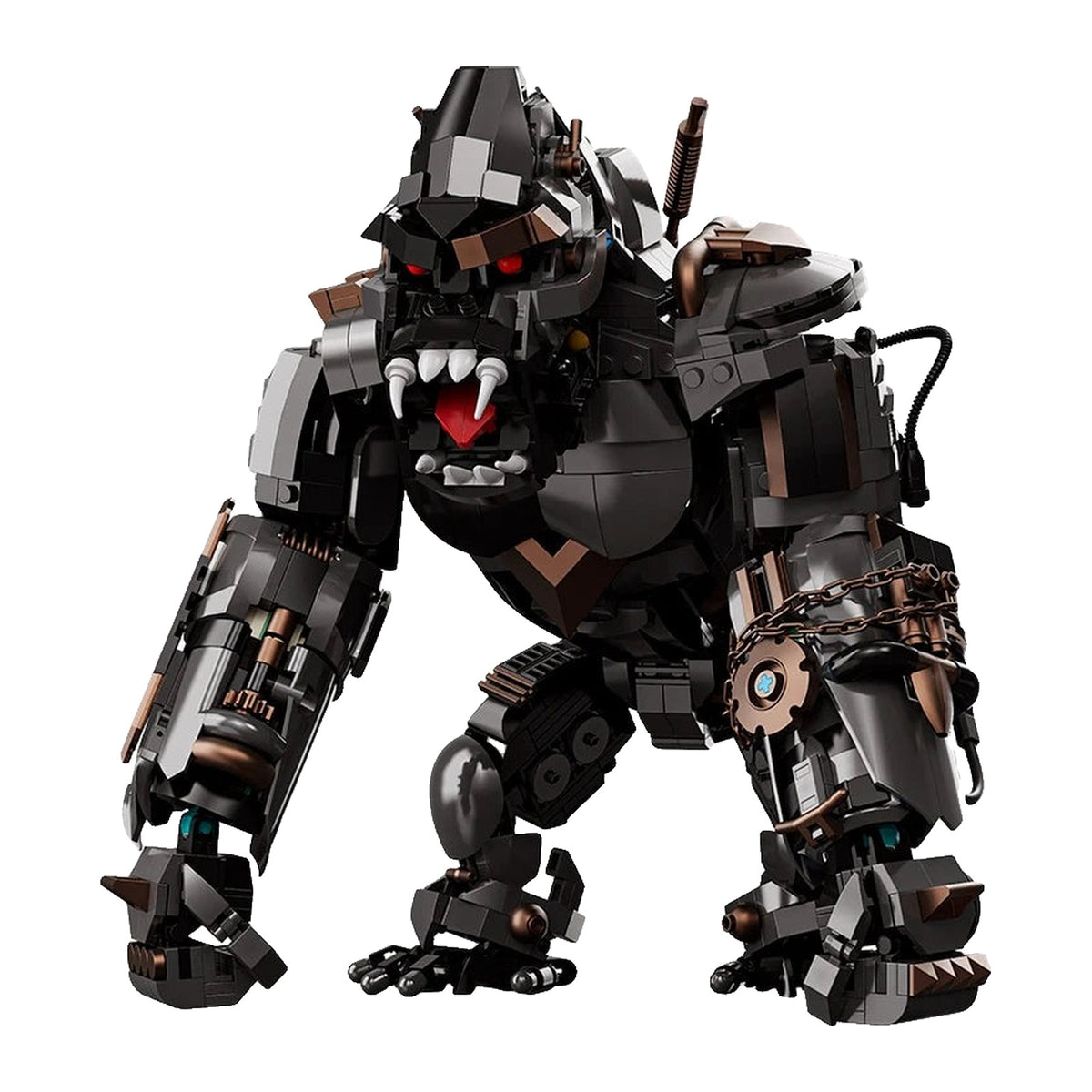 LEGO Gorille en armure noire, articulations cuivrées et yeux rouges, gueule ouverte sur quatre crocs blancs