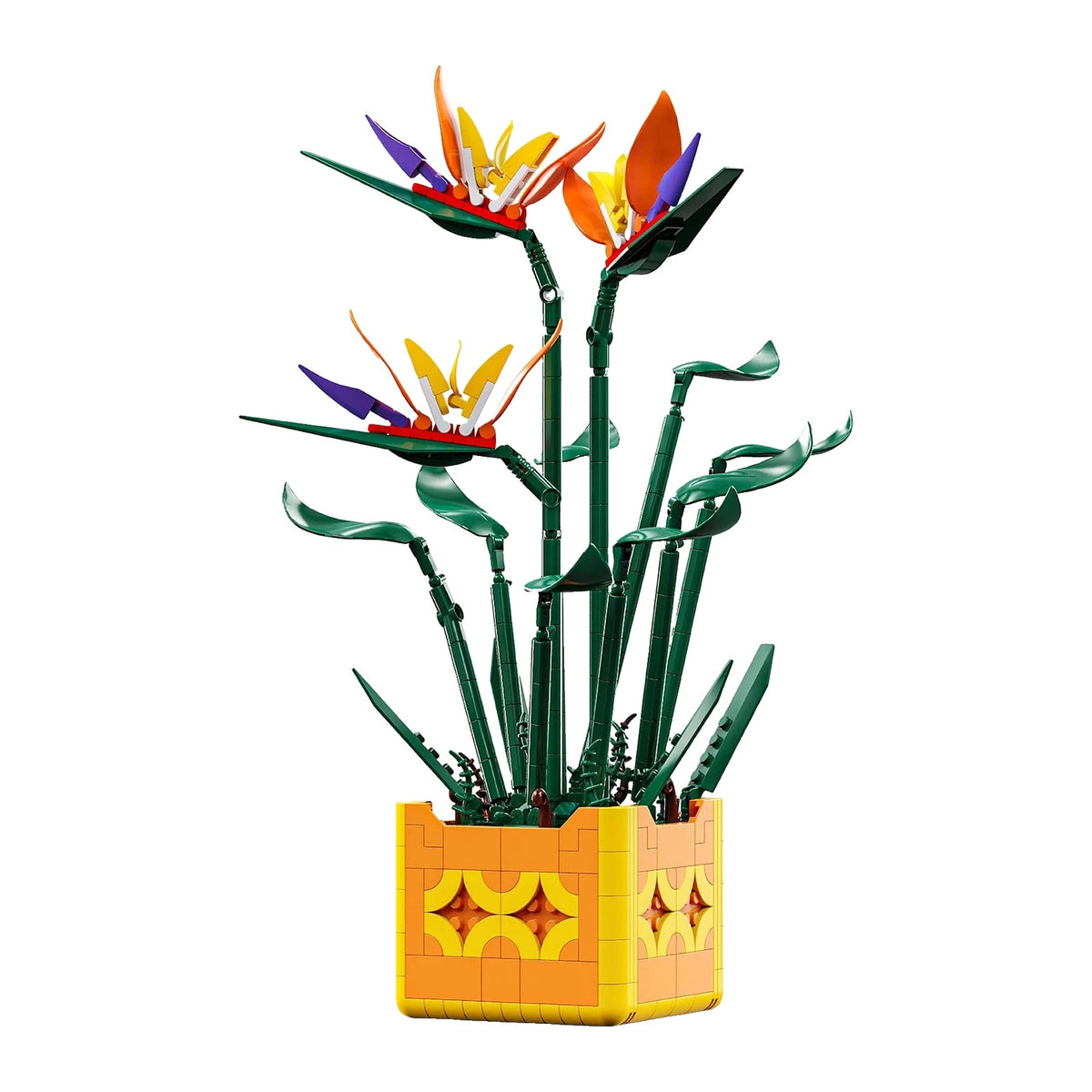 LEGO Pot de Fleur Strelitzia, trois corolles orange et violettes dressées au-dessus de grandes feuilles vertes