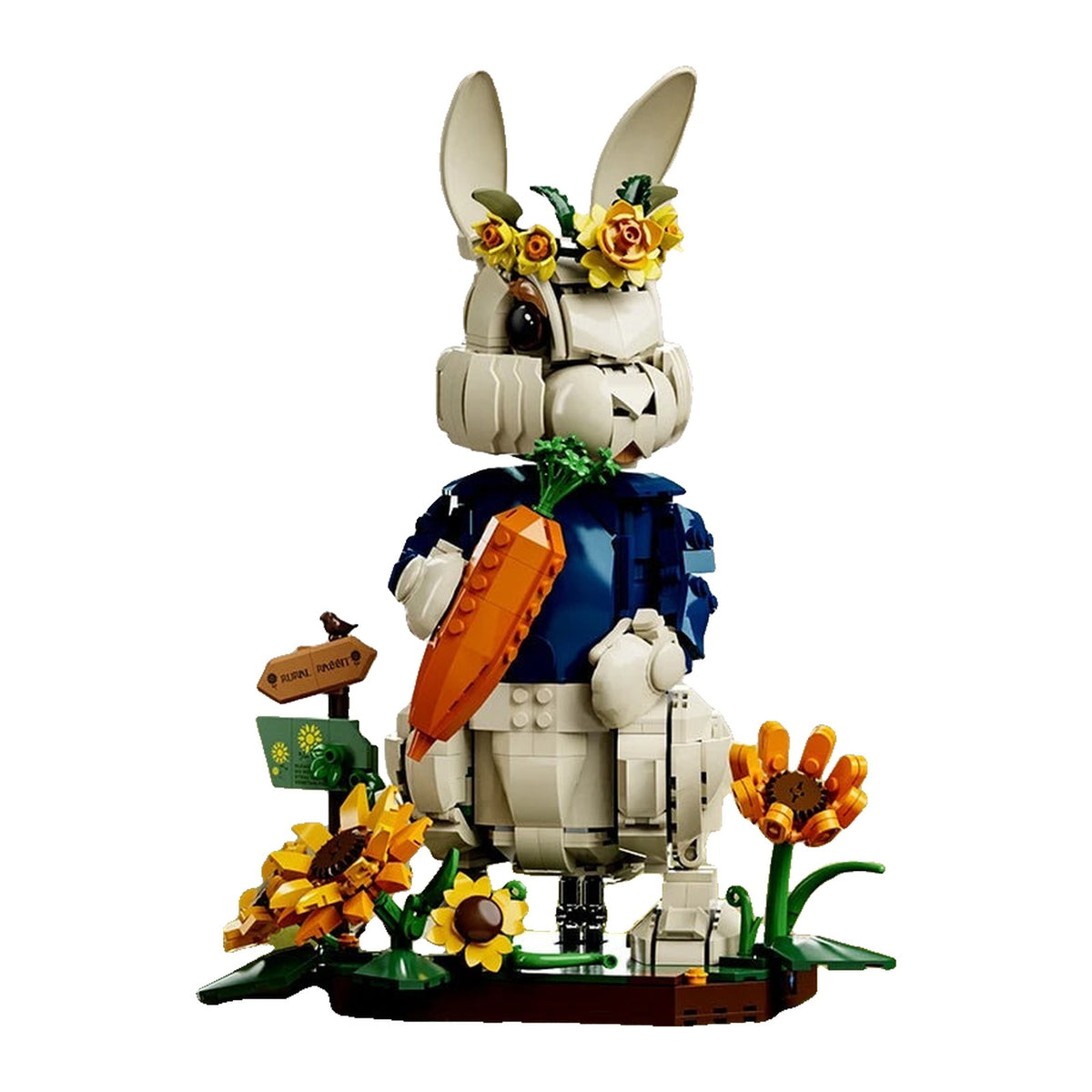 LEGO Lapin debout de 32 cm serrant sa carotte, avec son coin d'herbe, ses tournesols et son panneau en bois