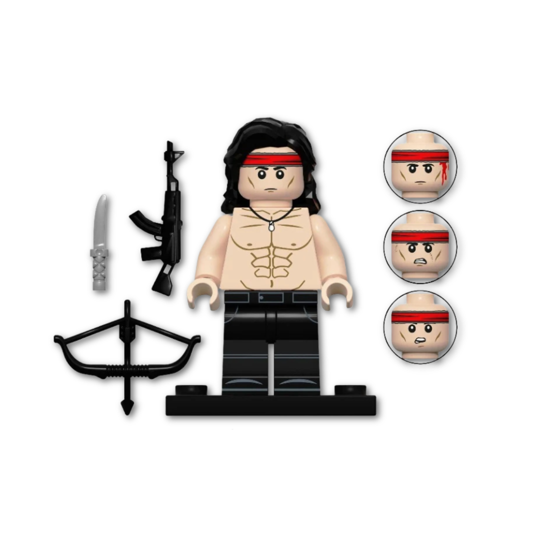 LEGO Rambo Minifigure | Knife, Bow, Rifle and 3 Faces – CreatiBrick