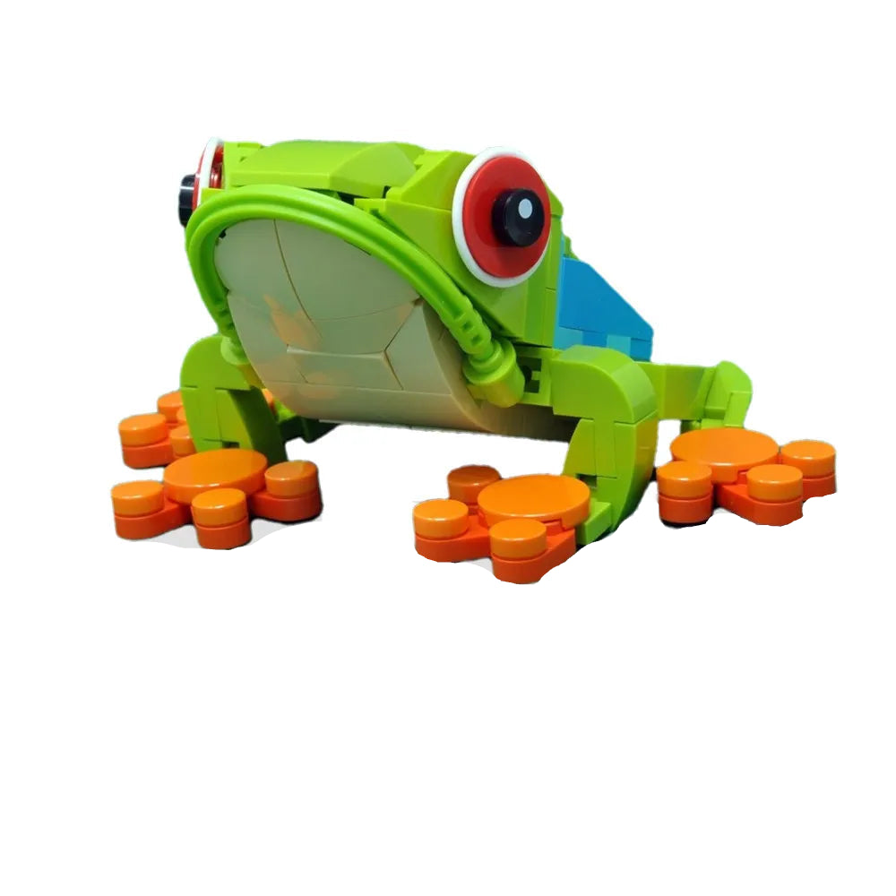LEGO Grenouille, une rainette vert vif aux yeux rouges, à plat sur ses quatre pattes