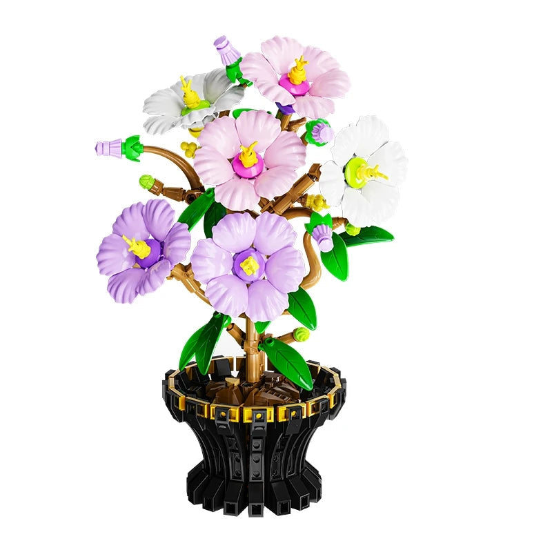 LEGO Hibiscus fleurissant blanc, rose pâle et lilas sur un seul pied, larges corolles ouvertes et long pistil