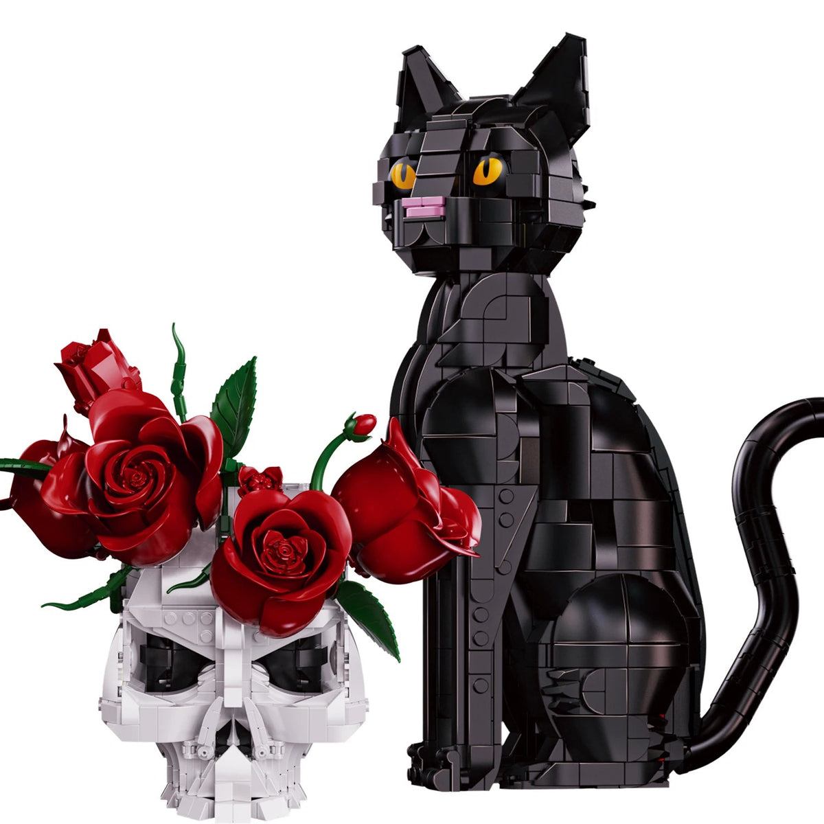 LEGO Chat Noir assis contre un crâne blanc que traversent des roses rouges
