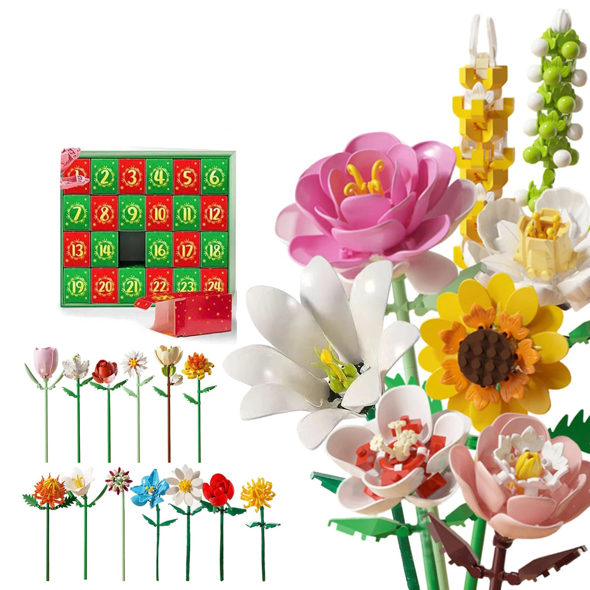 Calendrier de l'Avent LEGO Fleur et ses vingt-quatre fleurs ou plantes grasses différentes, une par case