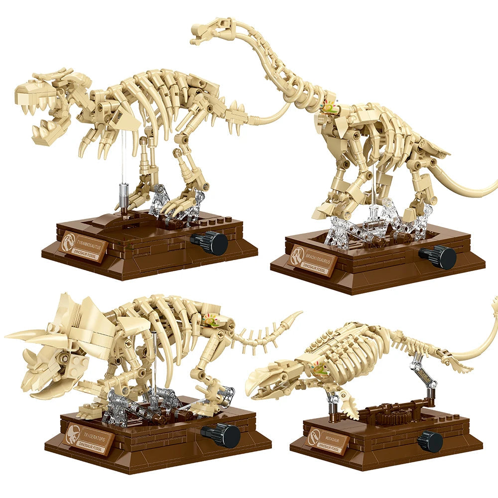 LEGO Squelette Dinosaure dressé sur son socle brun de muséum, avec sa plaque d'information