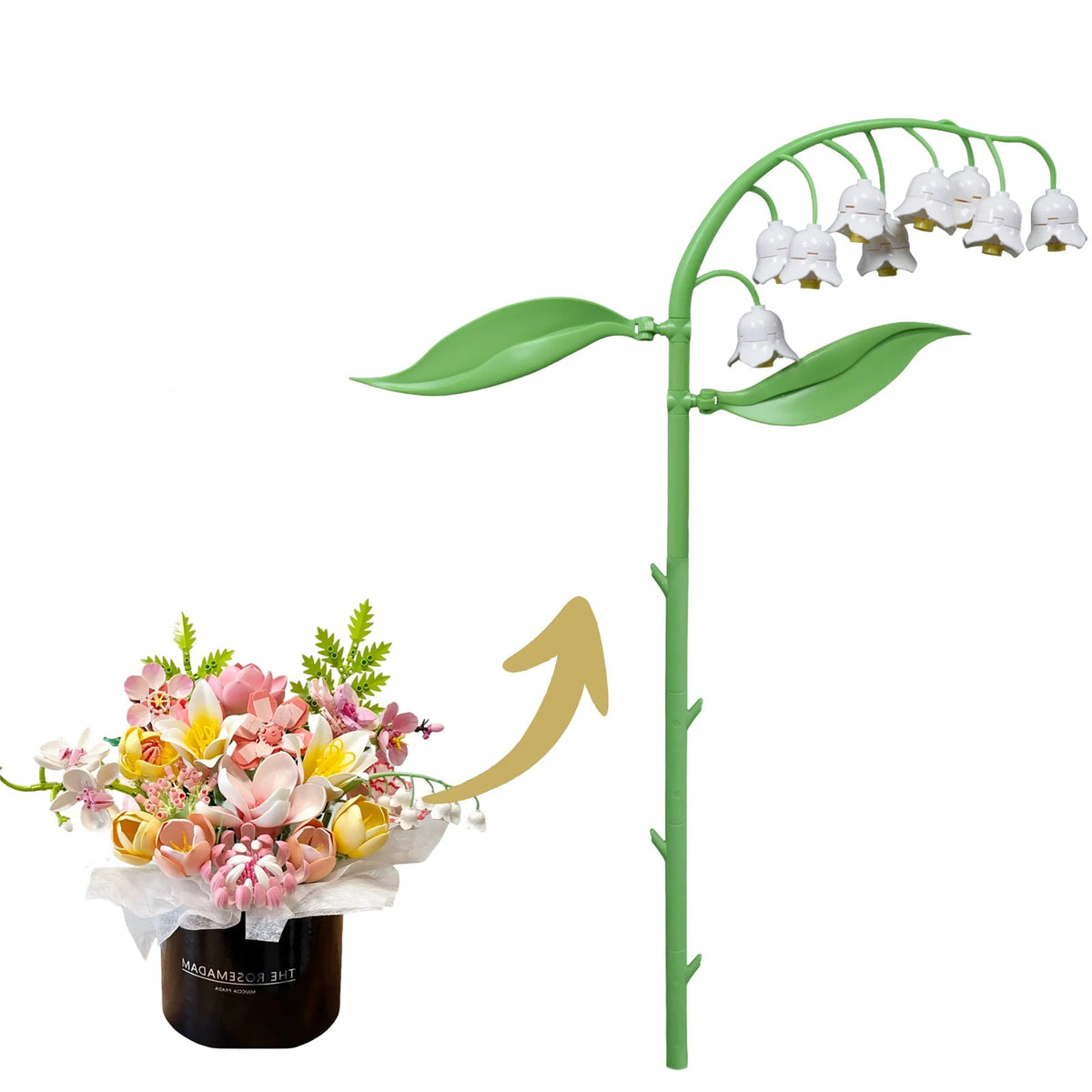 LEGO Muguet à tige arquée, ribambelle de clochettes blanches et deux longues feuilles vertes, 46 pièces par brin de 35,5 cm