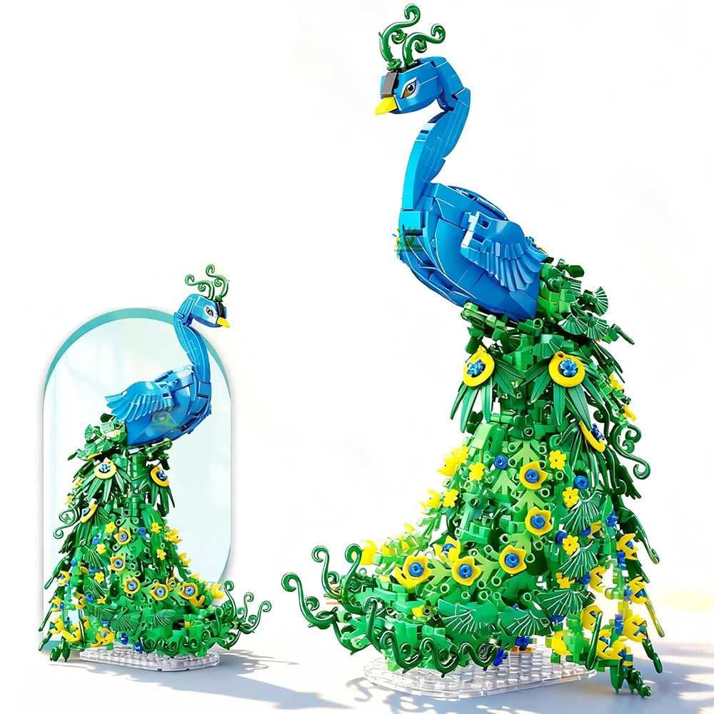 LEGO Paon debout au corps bleu, la traîne verte partant du dos pour rejoindre le sol