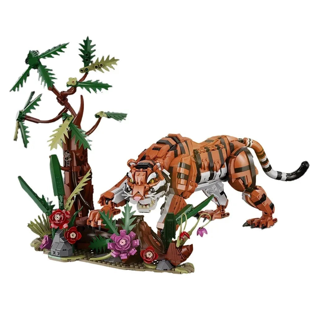 LEGO Tigre au milieu de sa jungle, avec l'arbre, les lianes, les rochers et les fleurs compris