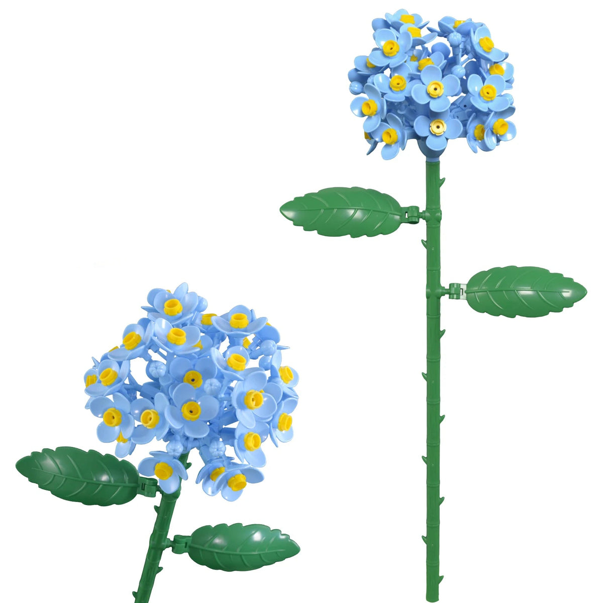 Hortensia LEGO en tige seule, grosse tête ronde bleue de petites corolles et deux larges feuilles