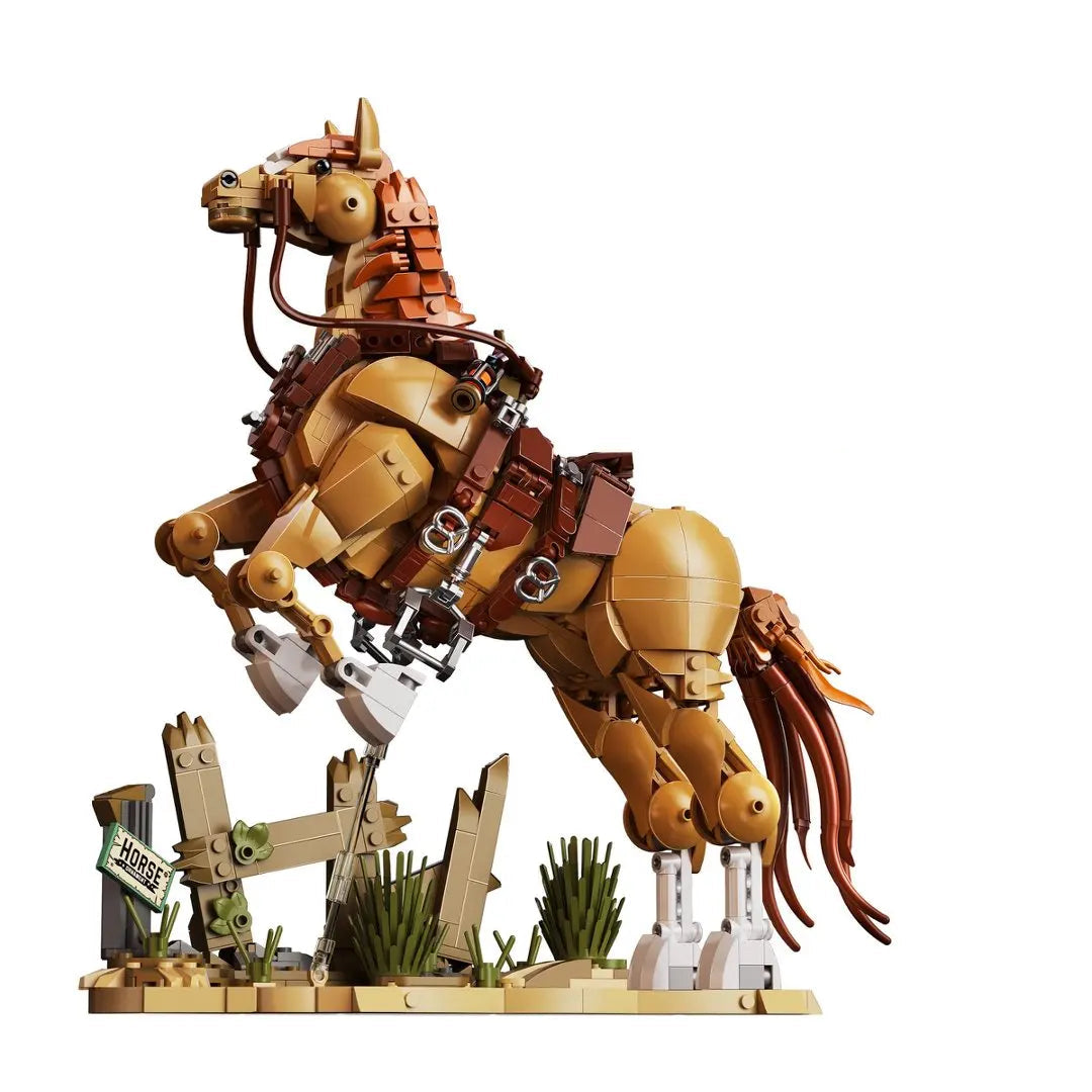 LEGO Cheval 2 en 1 cabré, antérieurs en l'air, au-dessus d'une barrière de western qui a cédé