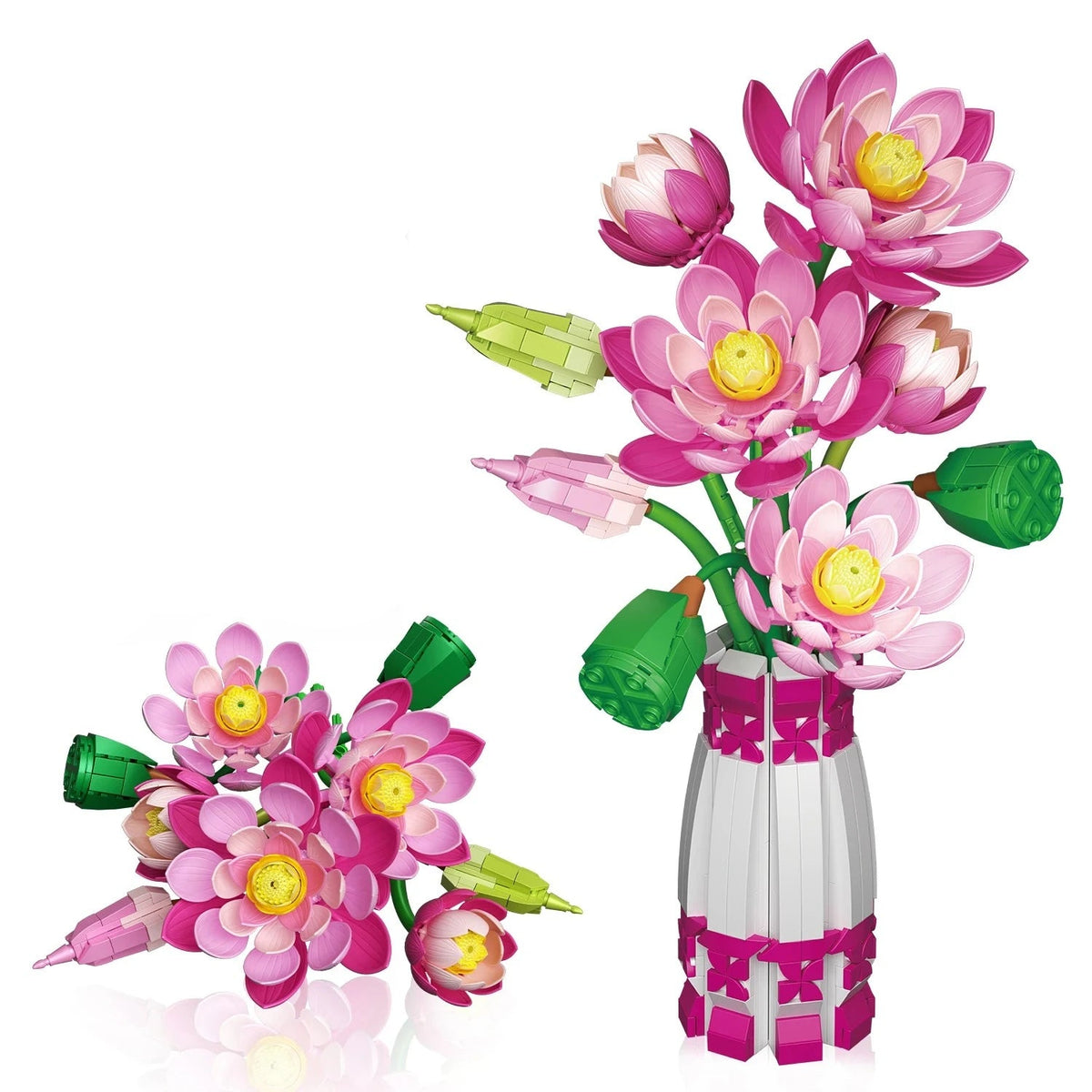 LEGO Lotus réunissant cinq fleurs sur un vase, du bouton clos à la corolle ouverte jusqu'à la gousse verte