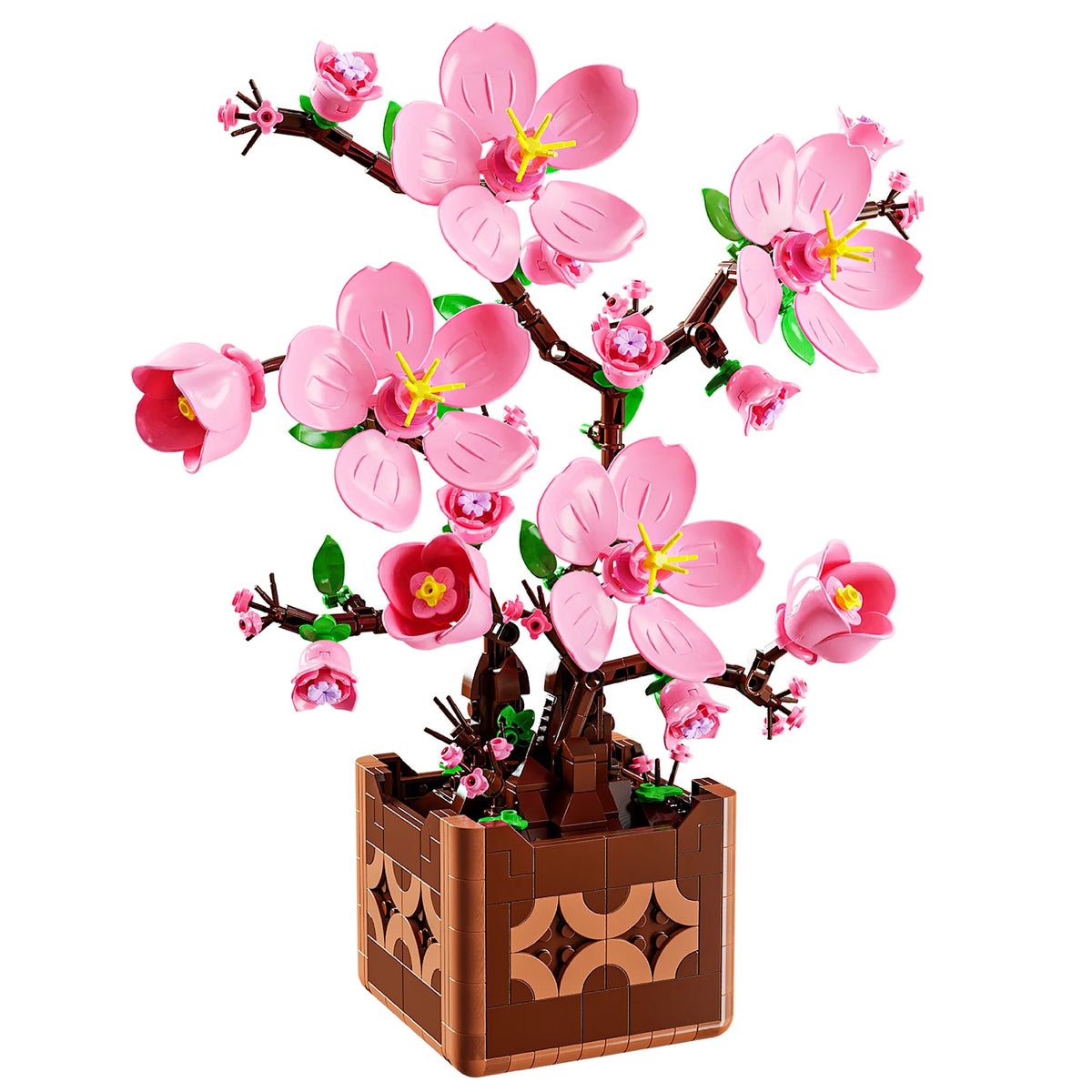 LEGO Cerisier Japonais au rose presque fuchsia, boutons encore fermés, tronc et ramure entiers, pot carré brun ajouré