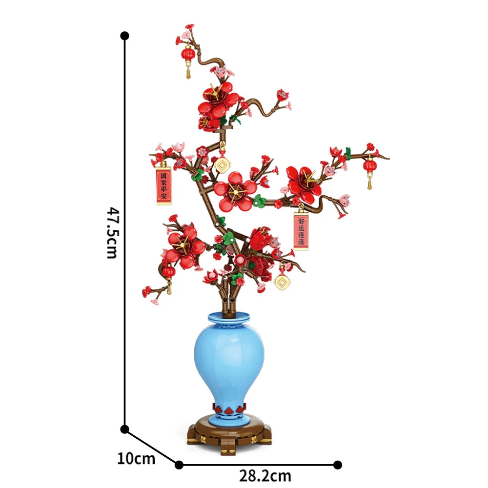 Version au vase bleu clair et aux fleurs rouges, montant à 47,5 cm, socle en bois compris