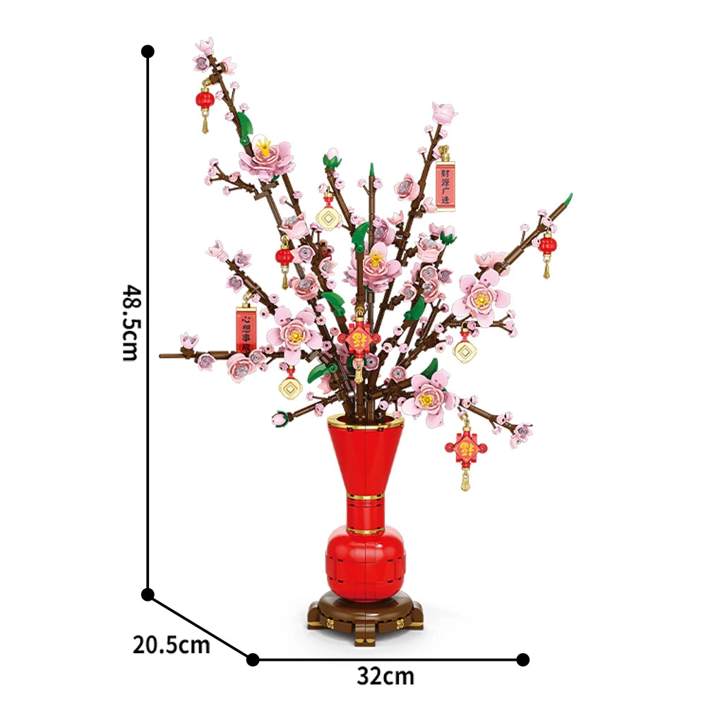Version au vase rouge et aux fleurs roses, 48,5 cm de haut, branche figée dès qu'on la plante