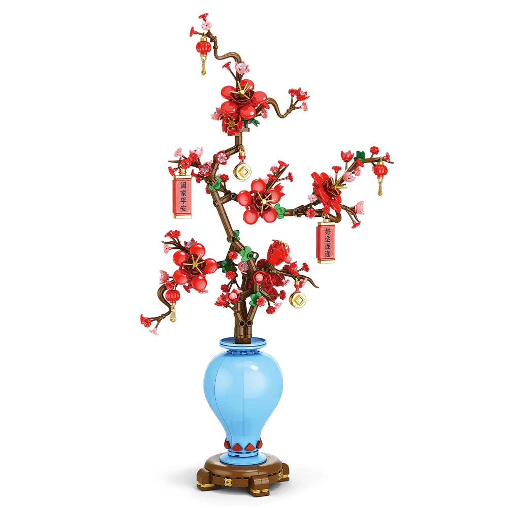 LEGO Fleur de Cerisier, grande branche fleurie dressée dans son vase avec socle en bois, étiquettes rouges aux rameaux