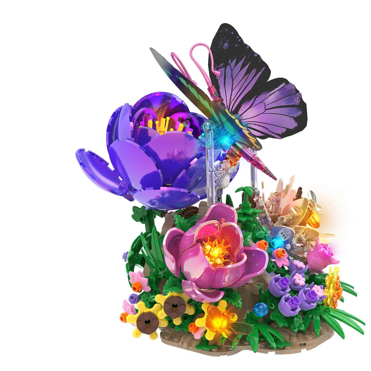 LEGO Papillon aux ailes qui se replient et se déplient, posé sur son massif de fleurs violettes et roses