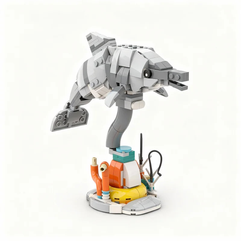 LEGO Dauphin dressé à la verticale hors de l'eau, museau vers le ciel, au-dessus d'un fond de corail