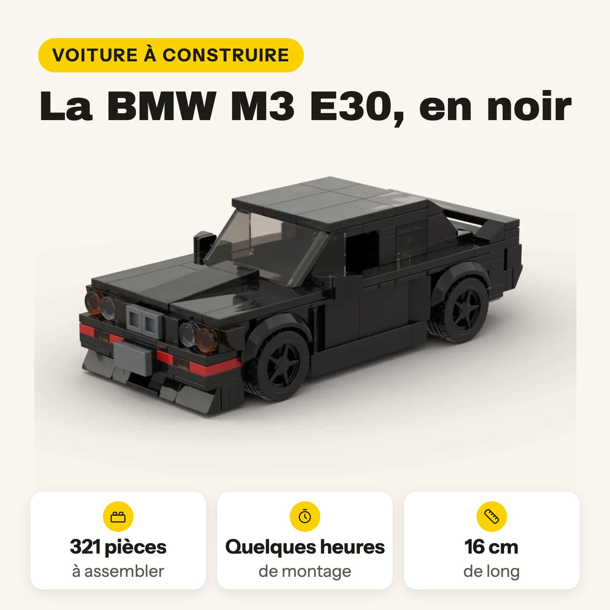 BMW M3 E30 negro para construir, 321 piezas compatibles con LEGO, 16 cm de largo