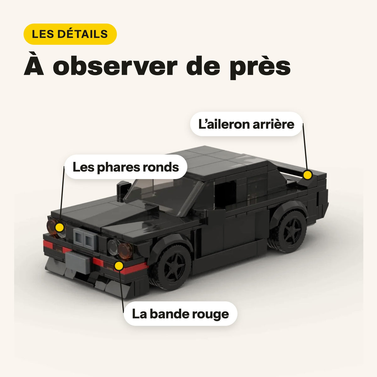 Detalles del BMW M3 E30 de ladrillos: faros redondos, alerón trasero y franja roja