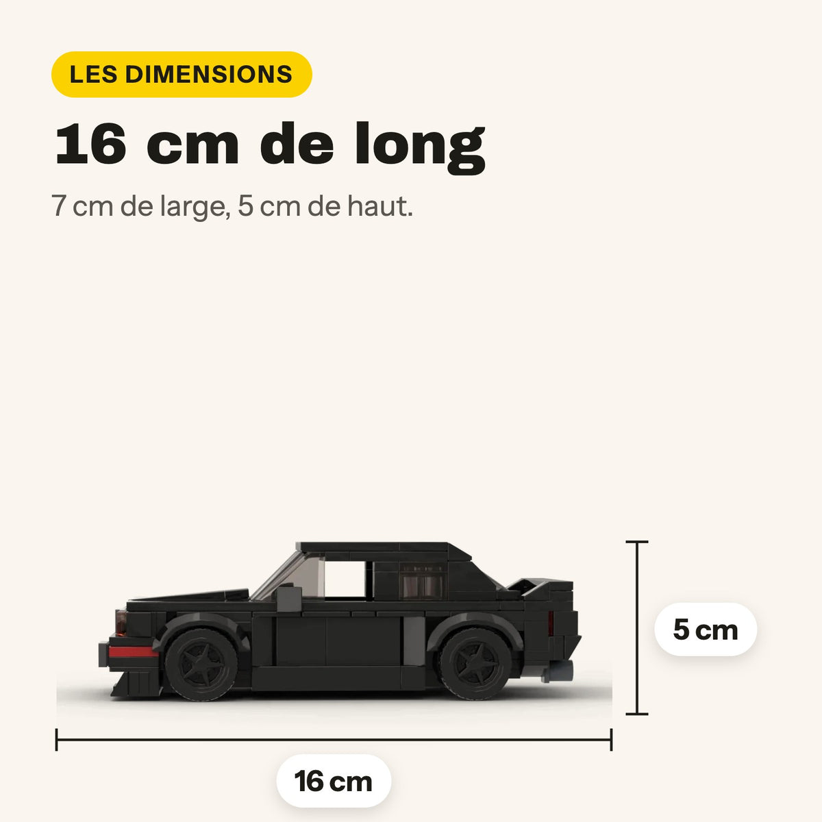 Medidas del BMW M3 E30 compatible con LEGO: 16 cm de largo, 7 cm de ancho y 5 cm de alto