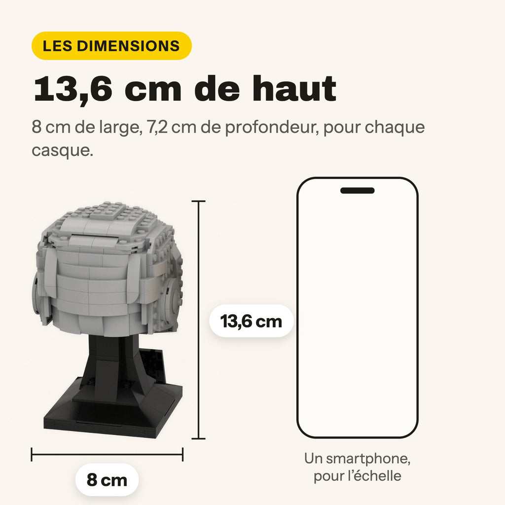 Medidas de los cascos de Daft Punk compatibles con LEGO: 13,6 cm de alto, 8 x 7,2 cm cada uno
