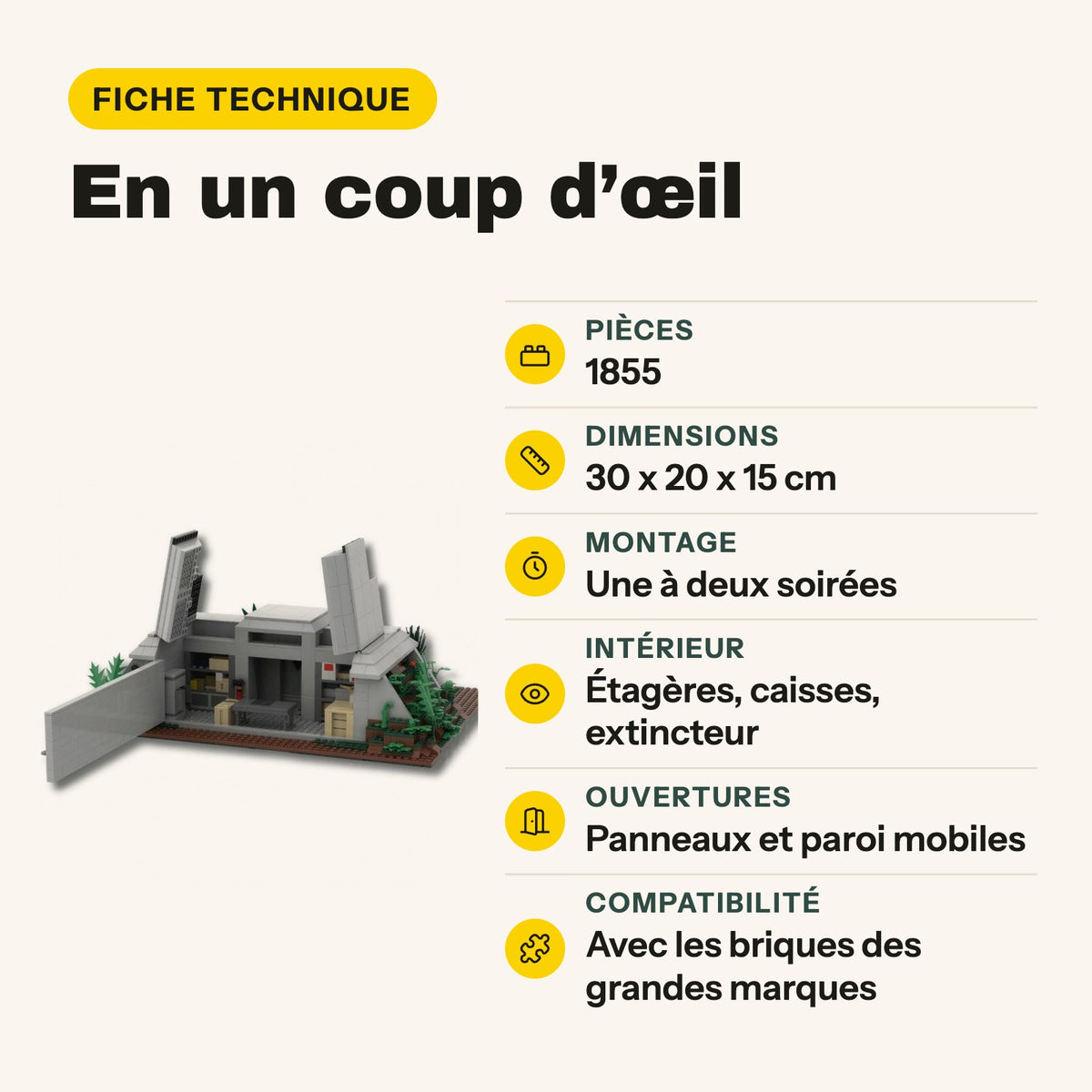 Ficha técnica del diorama del búnker de Jurassic Park para construir, 1.855 piezas compatibles con LEGO