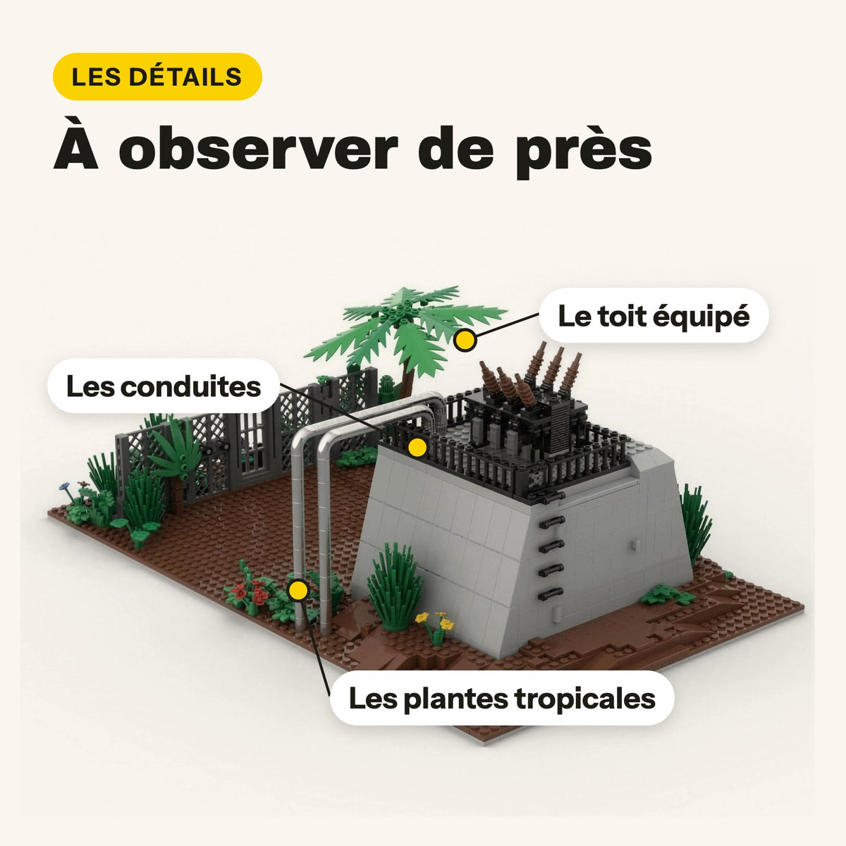 Tejado equipado, tuberías y plantas tropicales de la central de Jurassic Park en ladrillos compatibles con LEGO