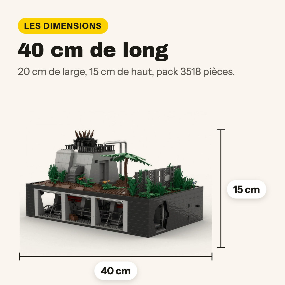 Medidas del diorama de la central eléctrica de Jurassic Park, pack de 3.518 piezas