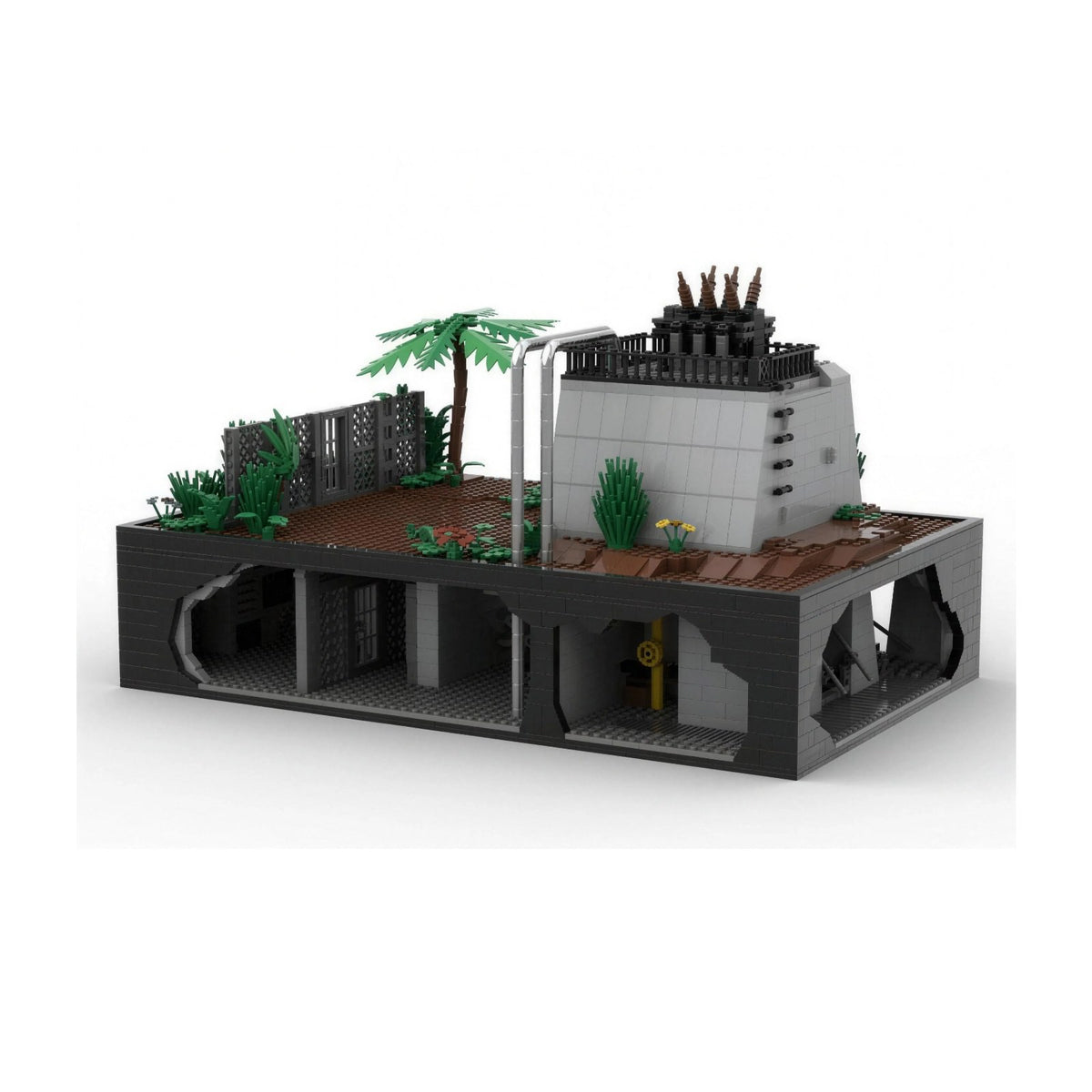 Diorama de la central eléctrica de Jurassic Park para construir, con su sótano, ladrillos compatibles con LEGO