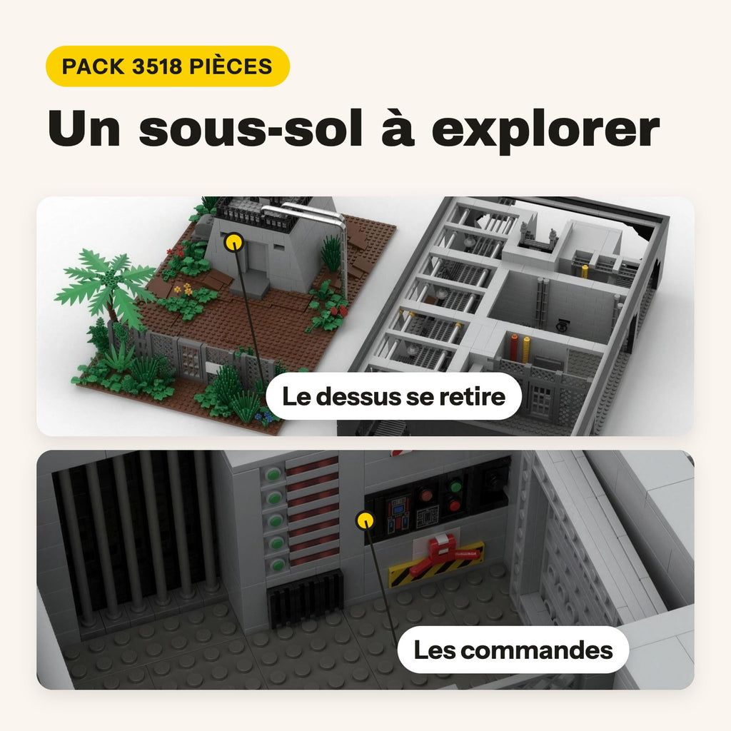 Sótano de la central de Jurassic Park para construir, parte superior desmontable y mandos, pack de 3.518 piezas