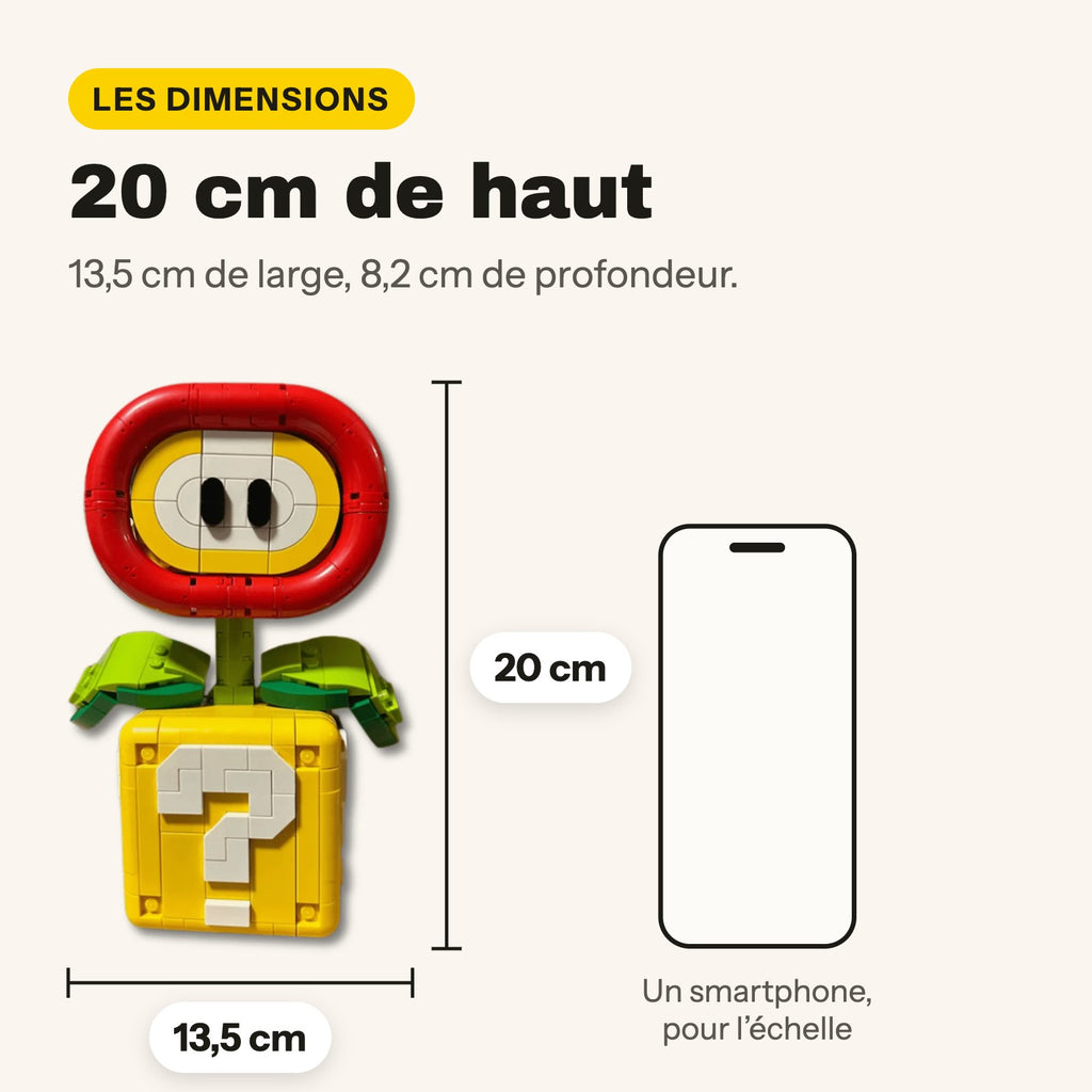 Medidas de la Flor de Fuego para construir: 20 cm de alto, 13,5 x 8,2 cm, ladrillos compatibles con LEGO