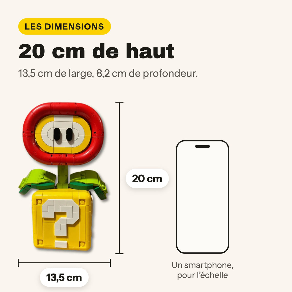 Medidas de la Flor de Fuego para construir: 20 cm de alto, 13,5 x 8,2 cm, ladrillos compatibles con LEGO