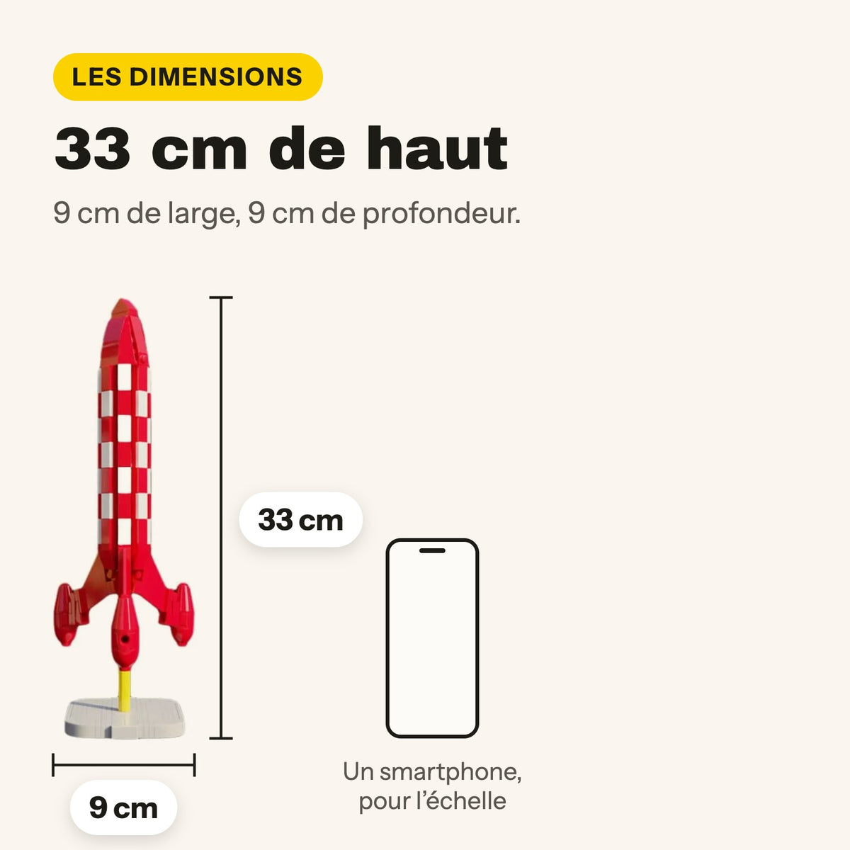 Medidas del cohete de Tintín compatible con LEGO: 33 cm de alto y 9 cm de ancho
