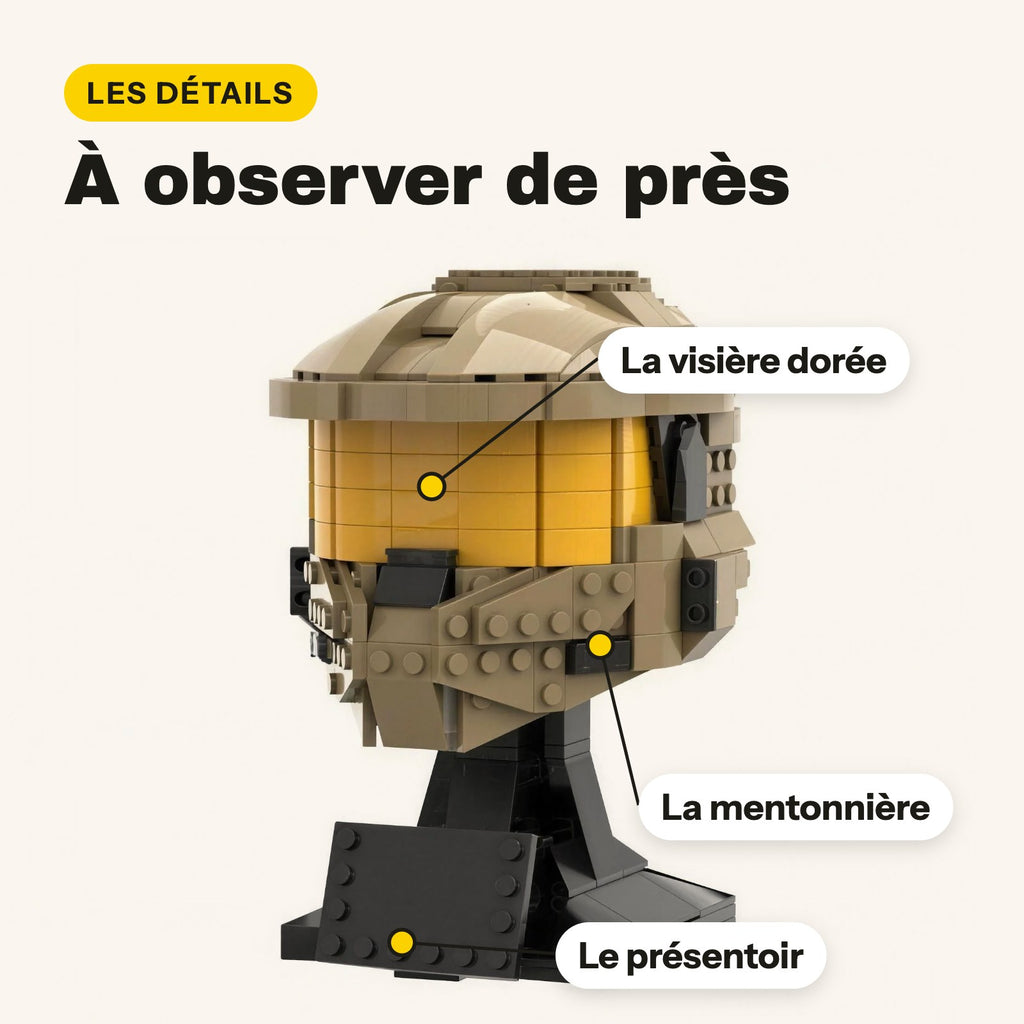 Visera dorada, protector de mentón y peana del casco de Halo de ladrillos