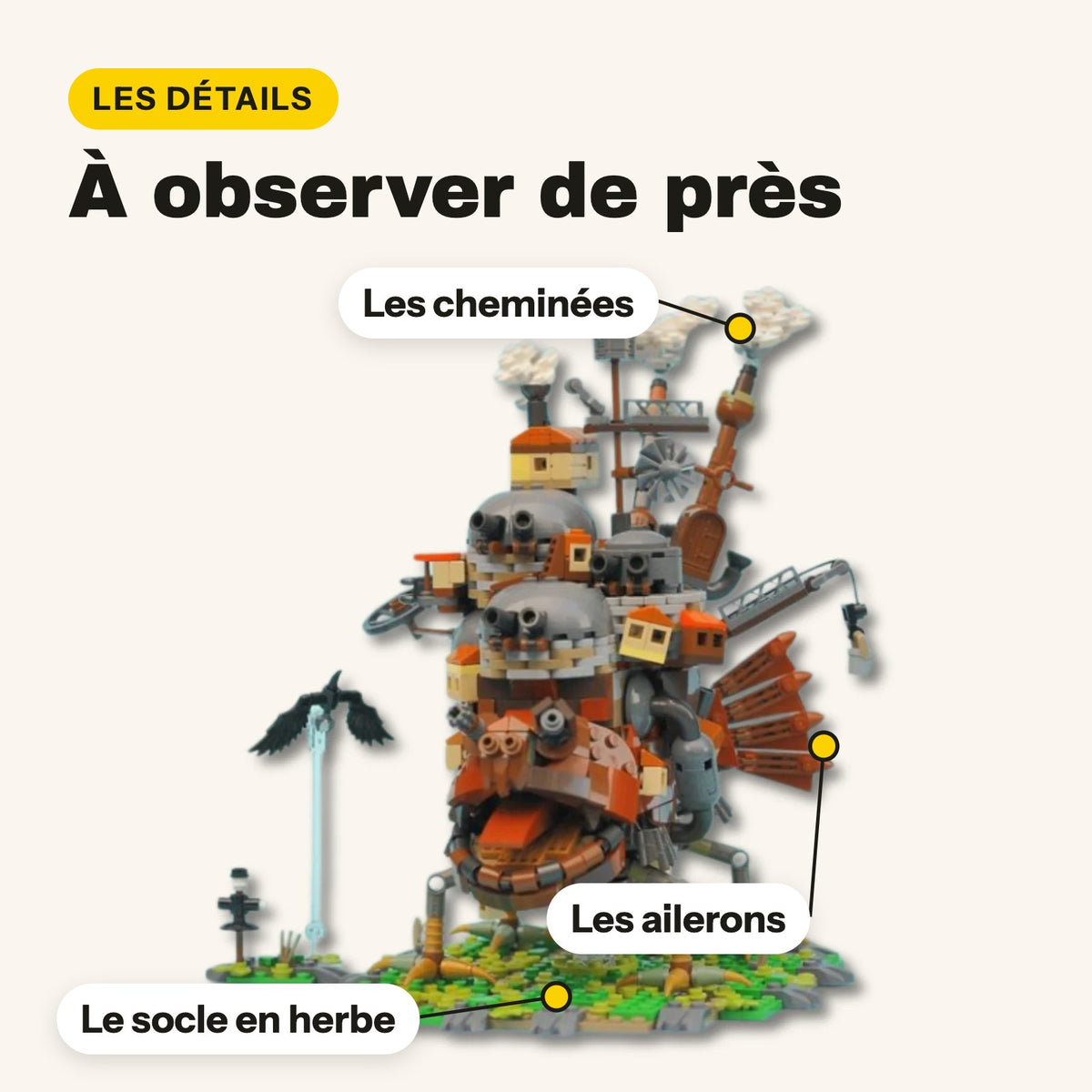 Detalles del castillo ambulante de ladrillos: chimeneas, aletas y base de hierba